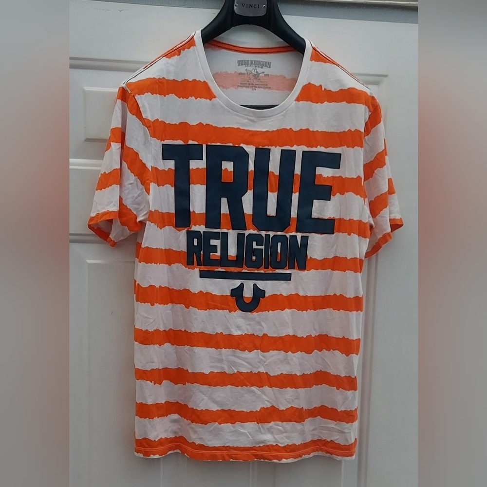 TRUE RELIGION MEN'S ORANGE & WHITE COTTON STRIPED SHORT SLEEVE T-SHIRT SIZE L